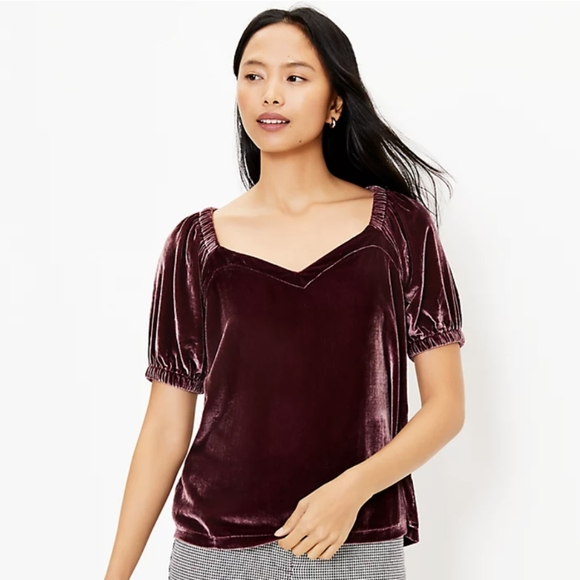 Loft Velvet Puff Sleeve Sweetheart Neck Maroon Top Women's Size Medium - Picture 1 of 6